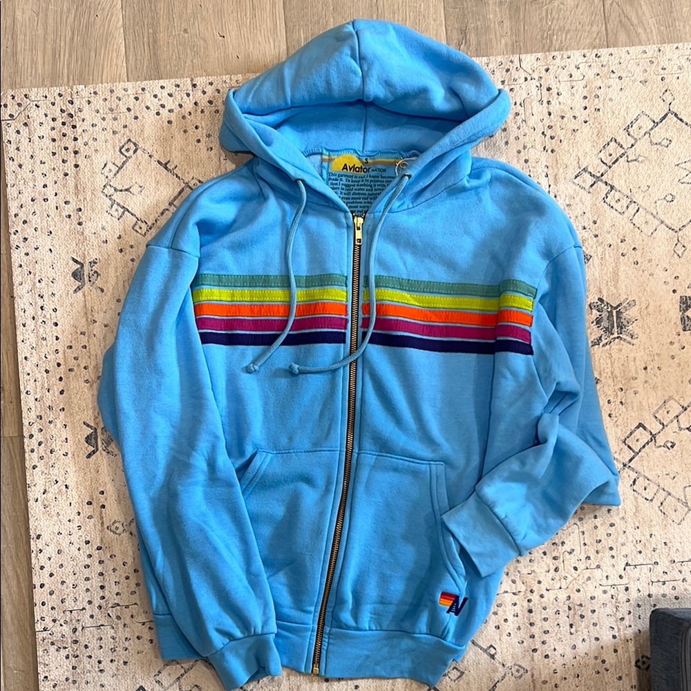 NWT Aviator Nation 5 STRIPE RELAXED ZIP HOODIE -SKY